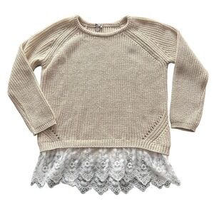 Poof Girls Sweater Top Medium Tan‎ Lace Trim Lurex Sparkle Knit Girly Layer Look